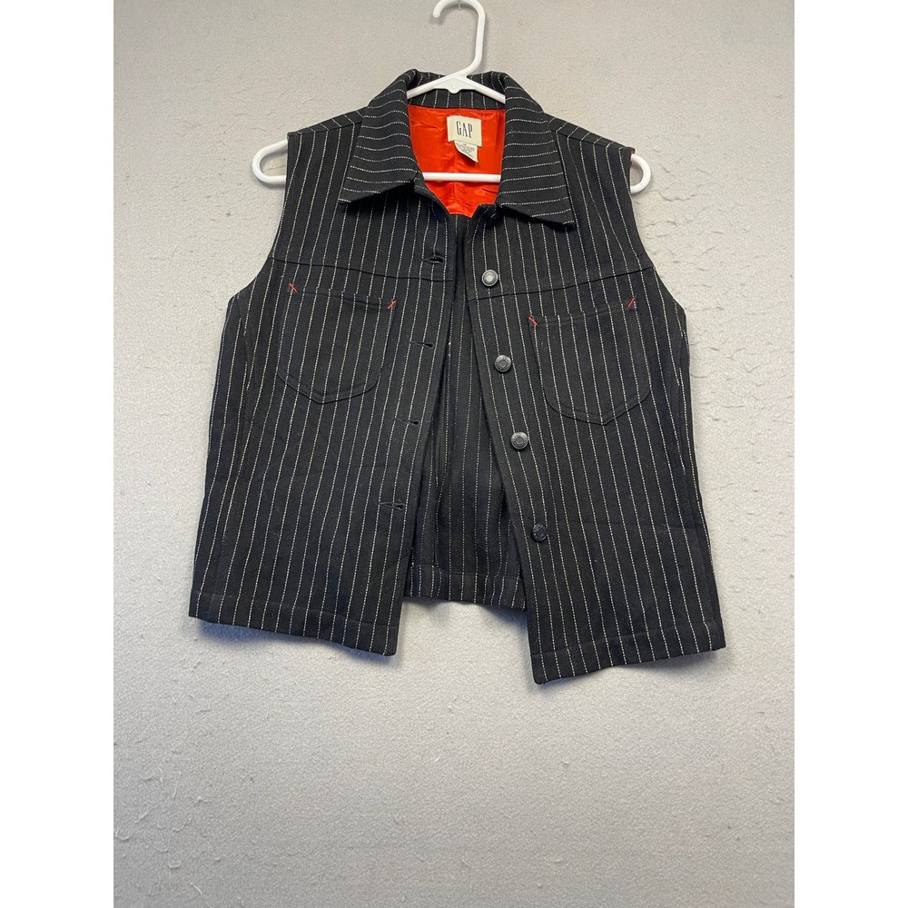 GAP Vest Recycled Wool Blend Pinstripe Black Medium Womens